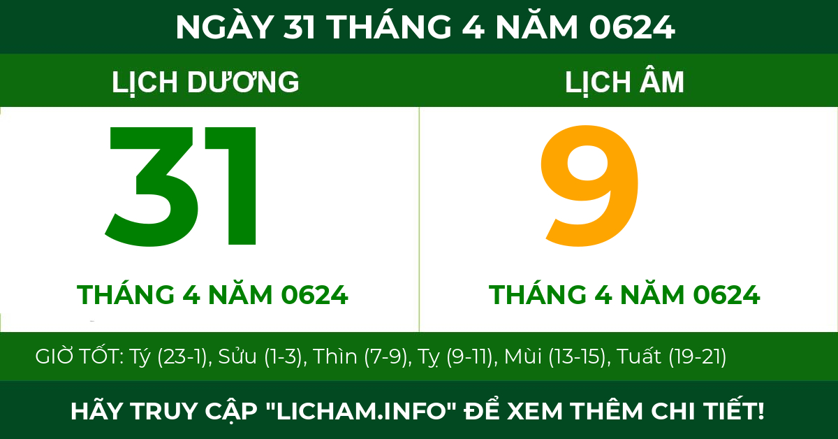 lịch âm ngày 31 tháng 4 năm 0624