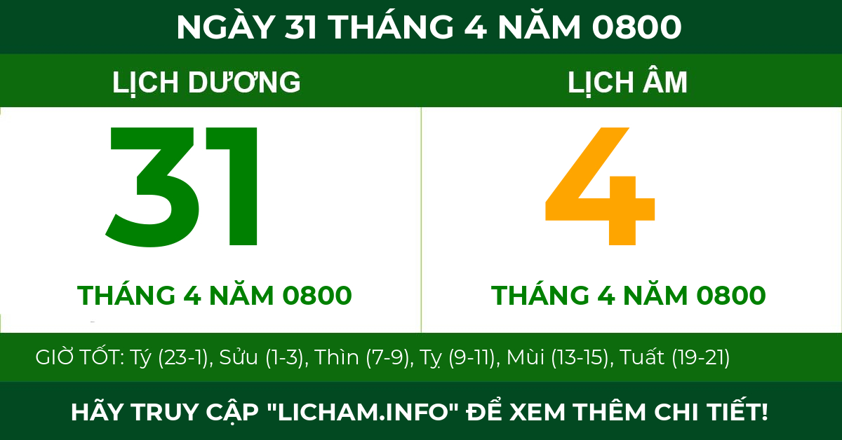 lịch âm ngày 31 tháng 4 năm 0800