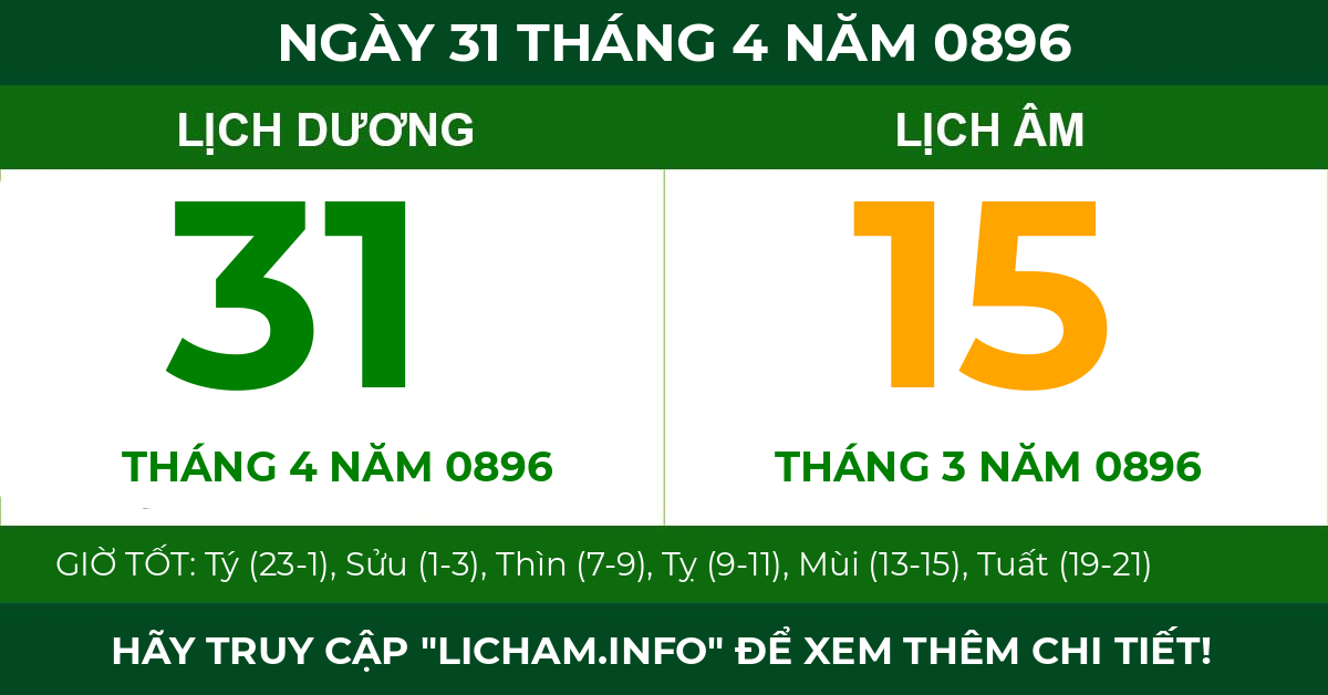 lịch âm ngày 31 tháng 4 năm 0896