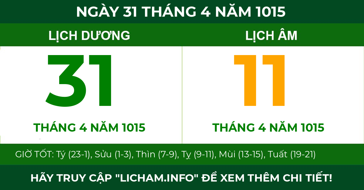 lịch âm ngày 31 tháng 4 năm 1015