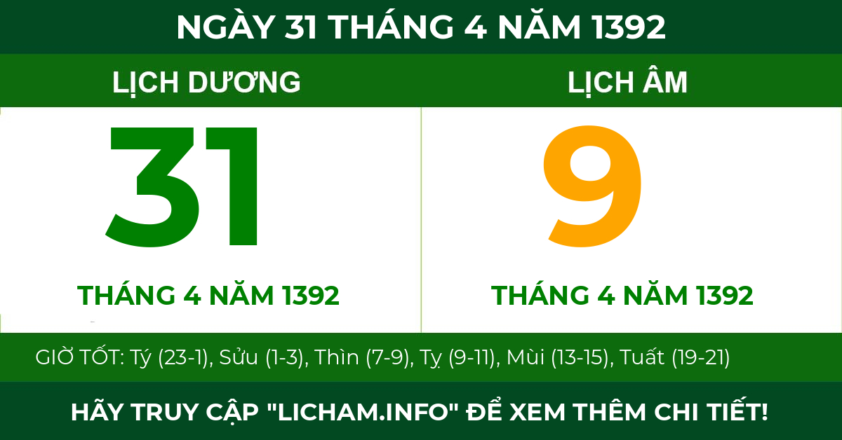 lịch âm ngày 31 tháng 4 năm 1392