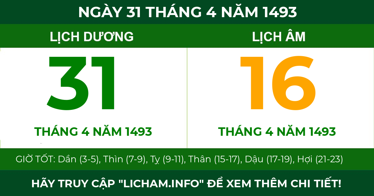 lịch âm ngày 31 tháng 4 năm 1493