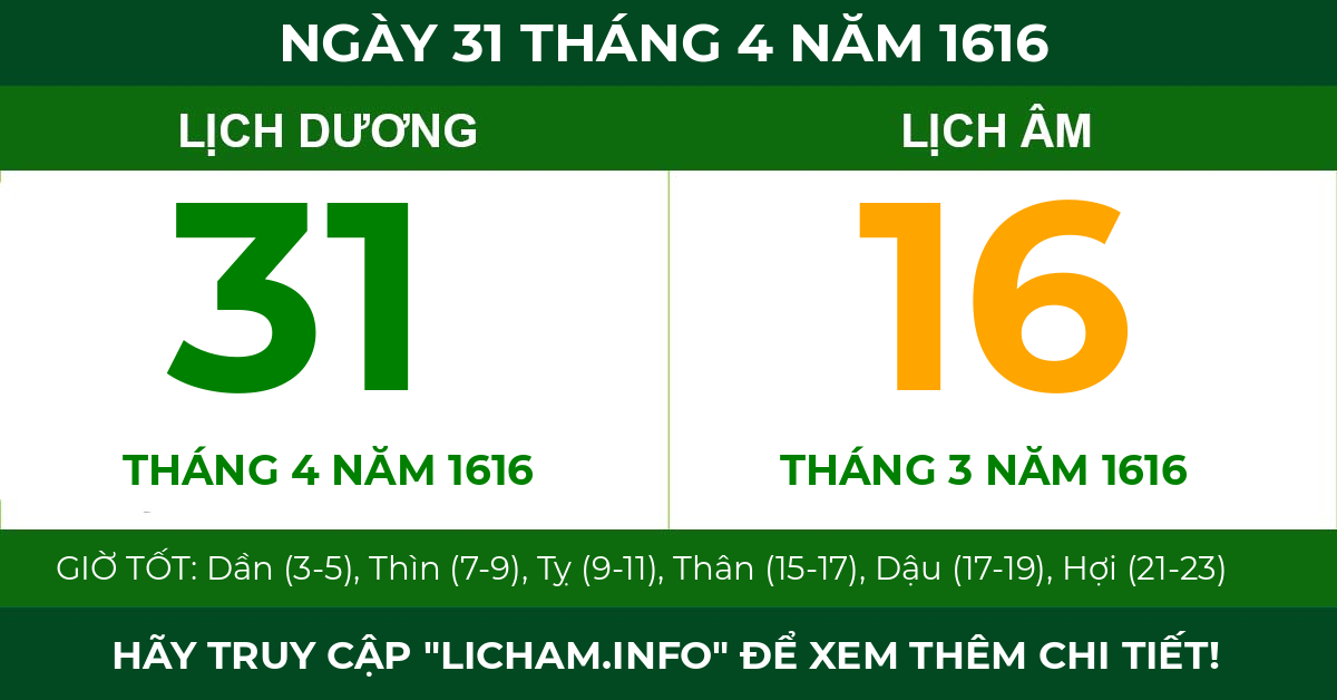 lịch âm ngày 31 tháng 4 năm 1616