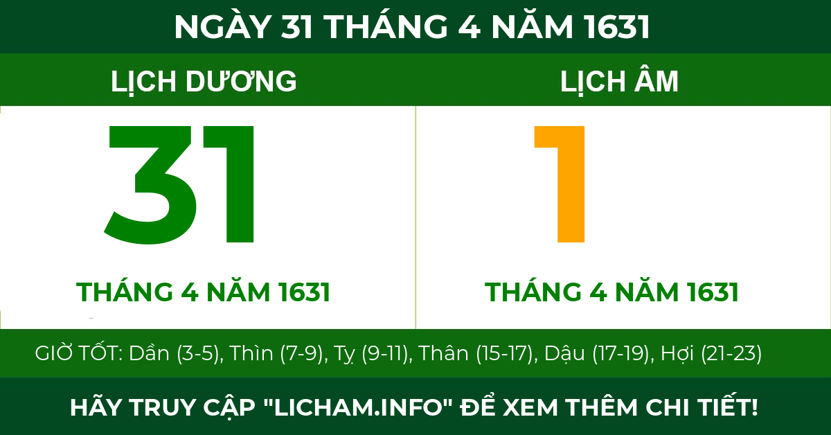 lịch âm ngày 31 tháng 4 năm 1631