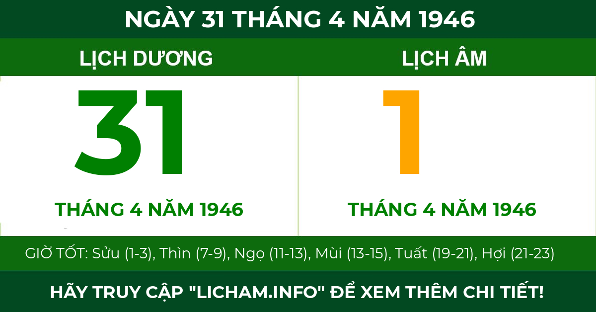 lịch âm ngày 31 tháng 4 năm 1946