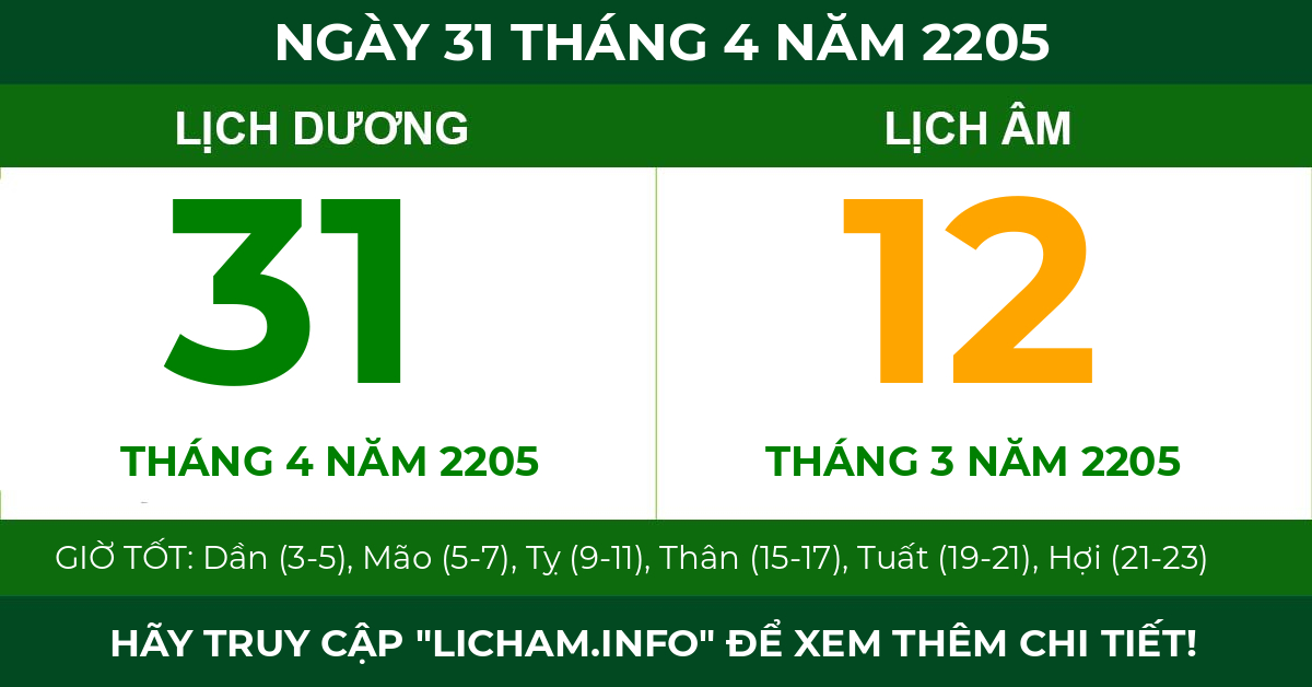 lịch âm ngày 31 tháng 4 năm 2205
