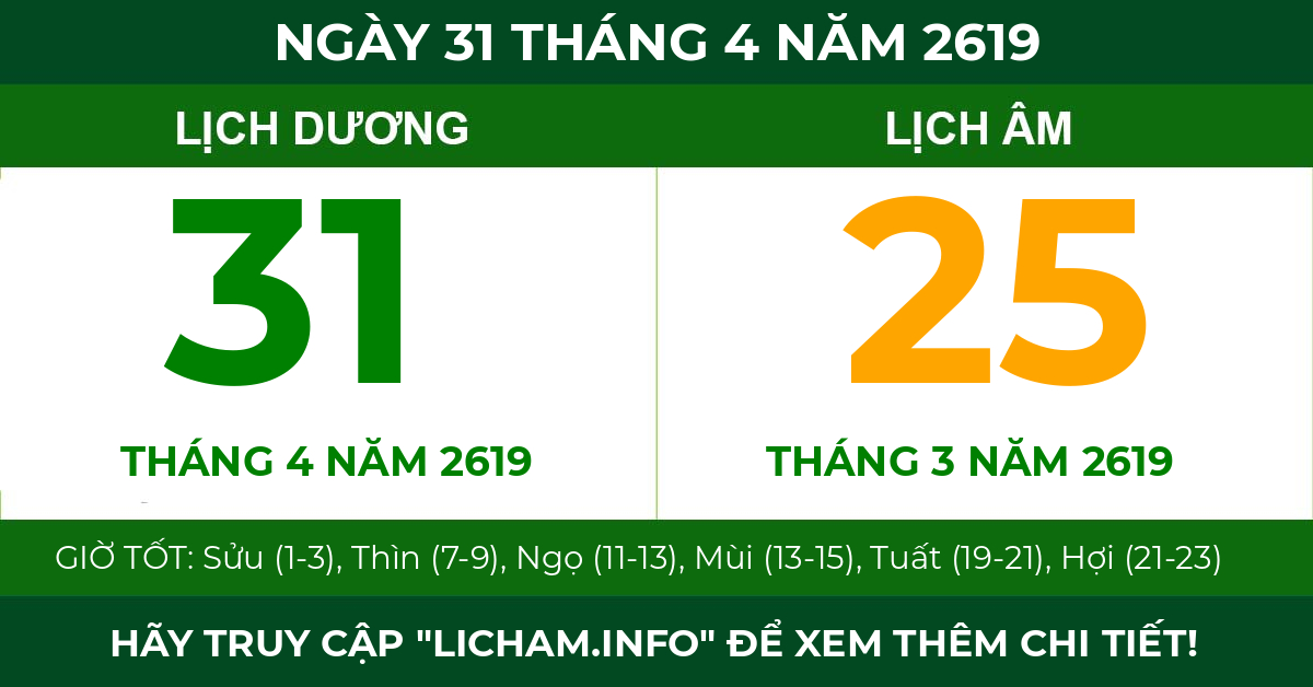 lịch âm ngày 31 tháng 4 năm 2619