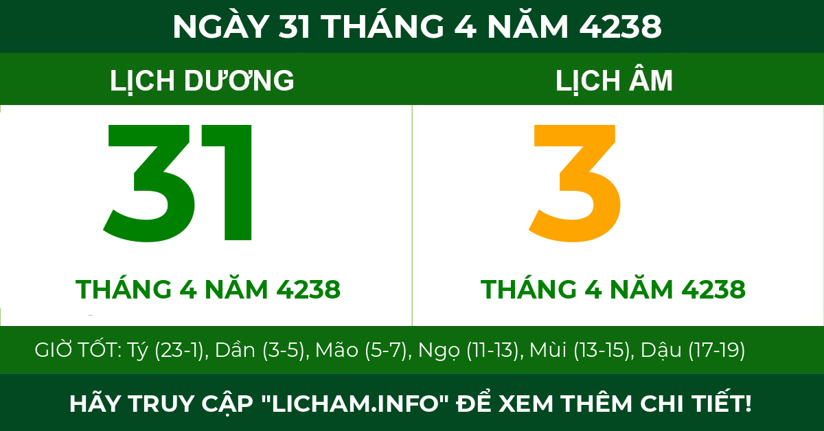 lịch âm ngày 31 tháng 4 năm 4238