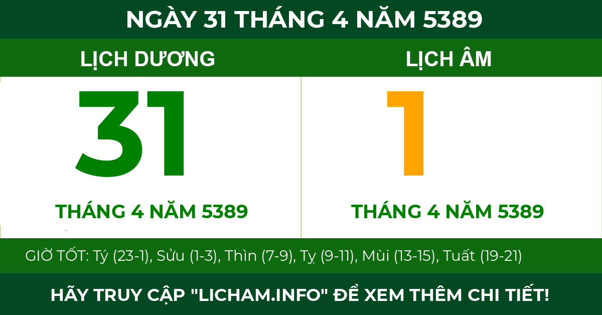 lịch âm ngày 31 tháng 4 năm 5389