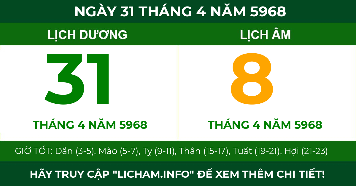 lịch âm ngày 31 tháng 4 năm 5968