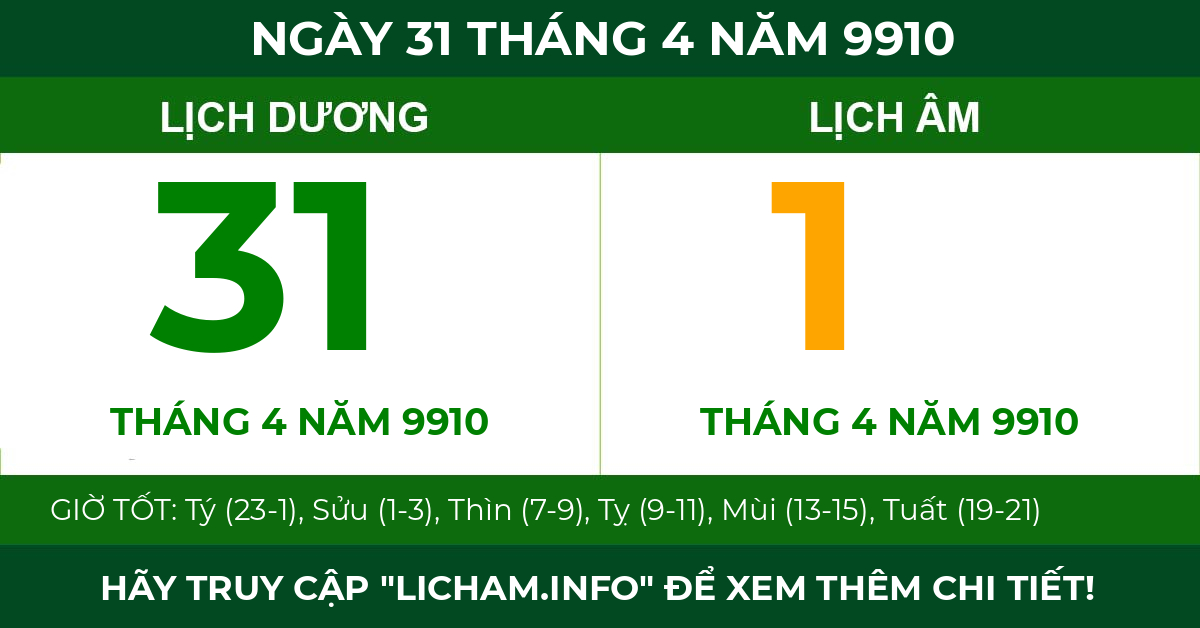 lịch âm ngày 31 tháng 4 năm 9910