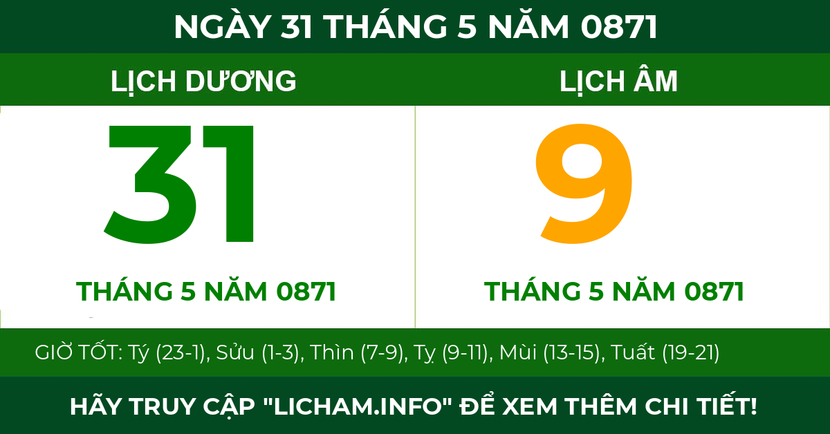 lịch âm ngày 31 tháng 5 năm 0871