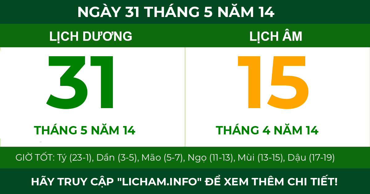 lịch âm ngày 31 tháng 5 năm 14