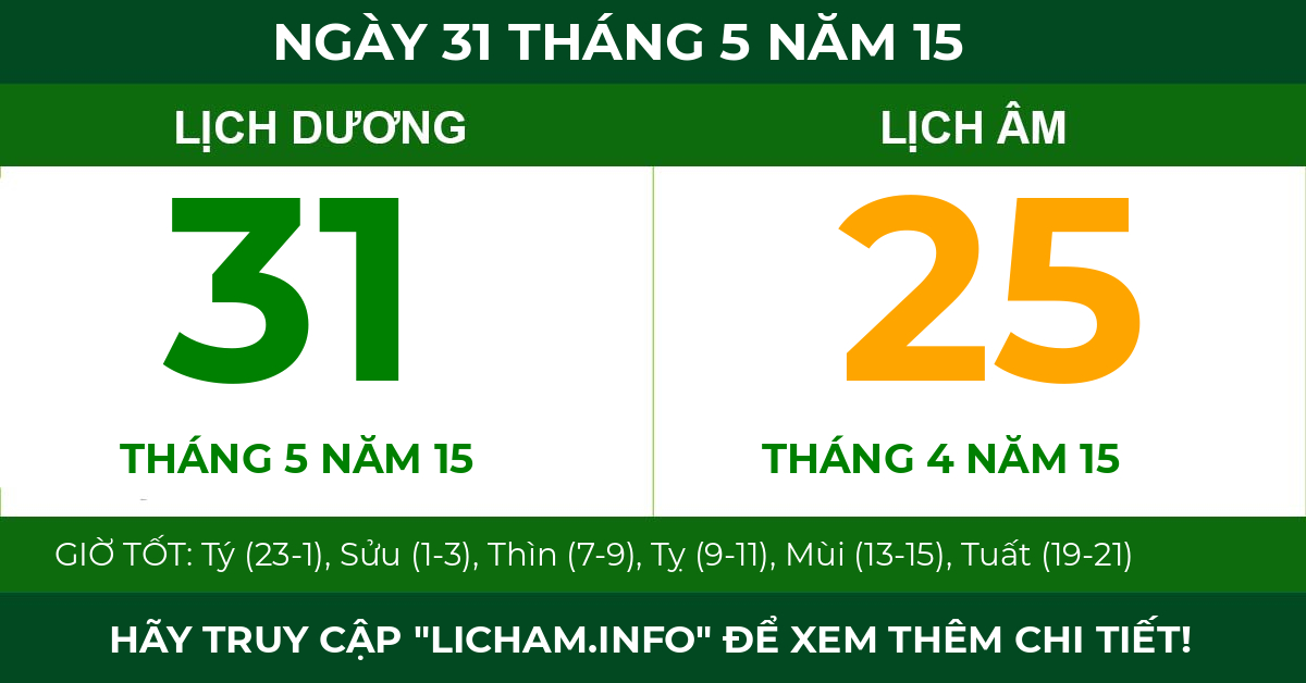 lịch âm ngày 31 tháng 5 năm 15