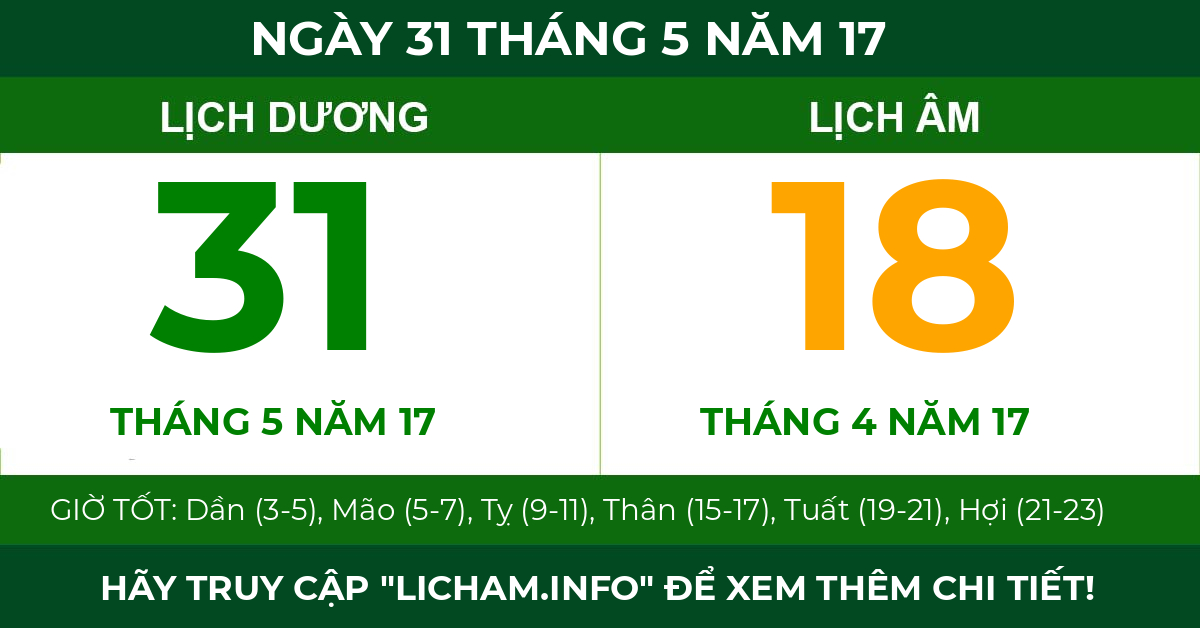 lịch âm ngày 31 tháng 5 năm 17