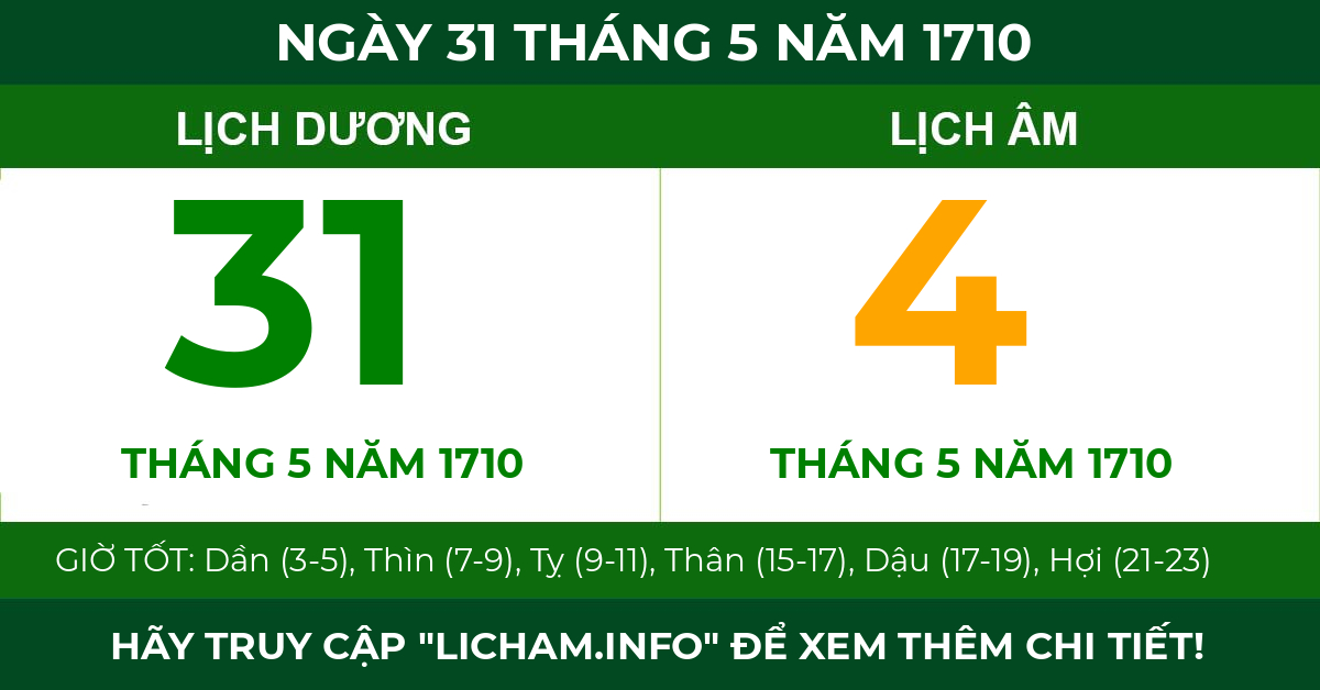 lịch âm ngày 31 tháng 5 năm 1710