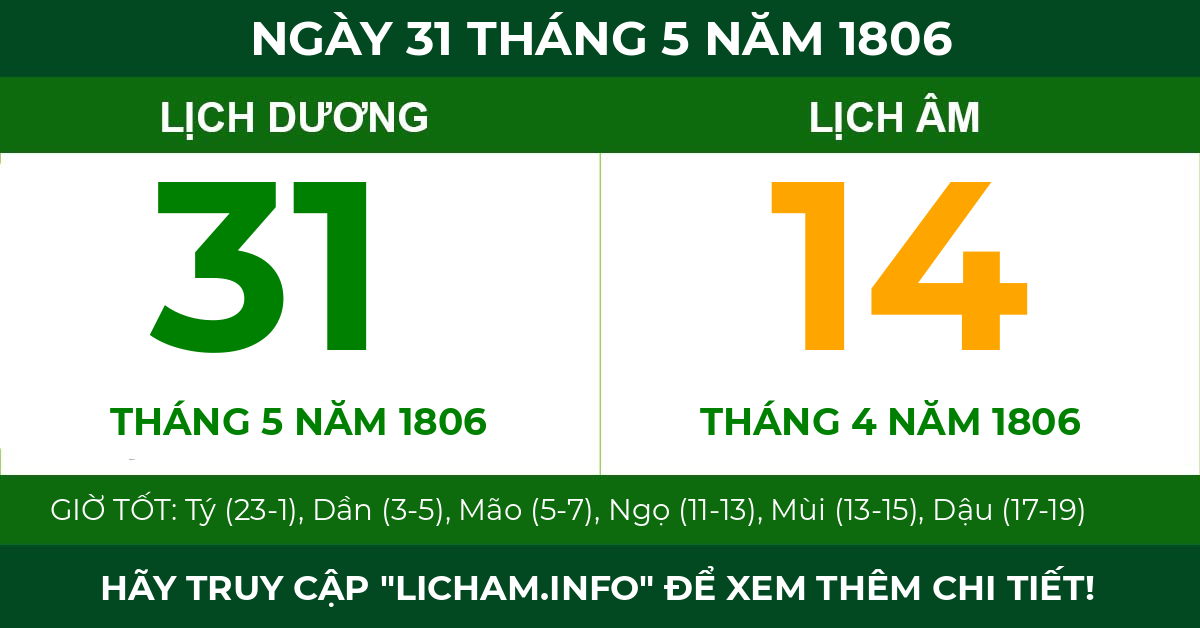 lịch âm ngày 31 tháng 5 năm 1806