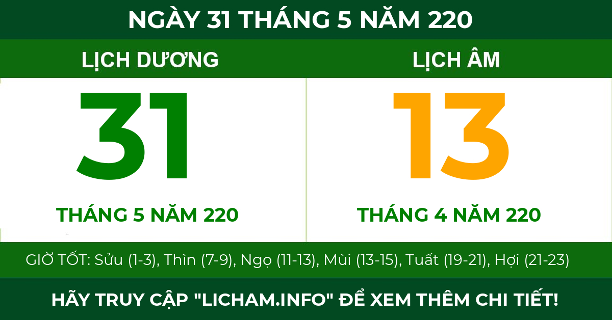 lịch âm ngày 31 tháng 5 năm 220