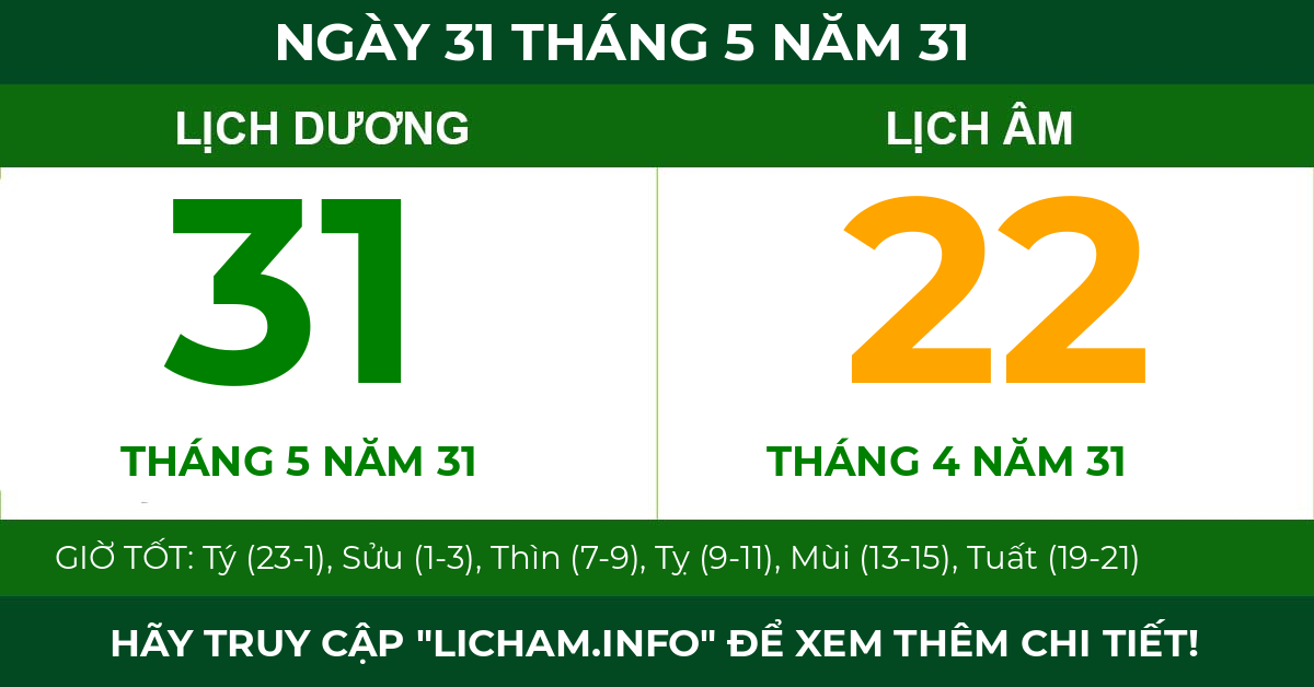 lịch âm ngày 31 tháng 5 năm 31