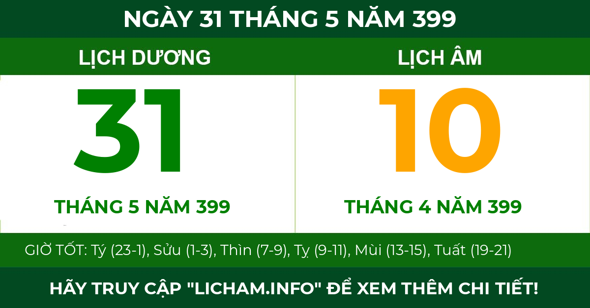 lịch âm ngày 31 tháng 5 năm 399