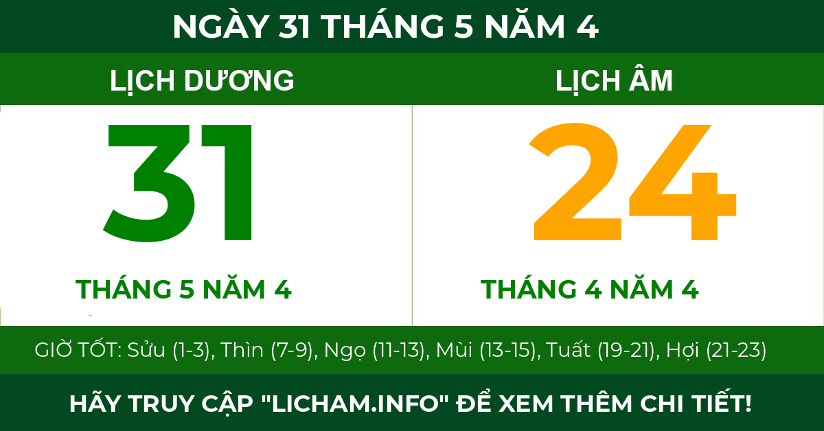 lịch âm ngày 31 tháng 5 năm 4