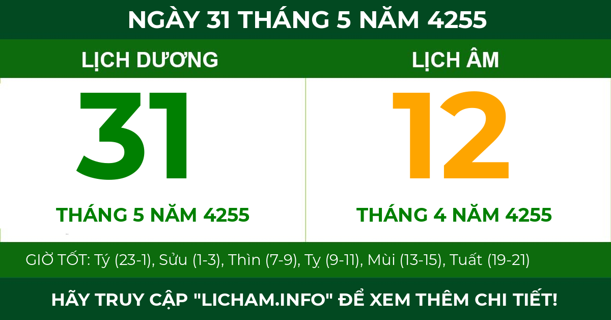 lịch âm ngày 31 tháng 5 năm 4255