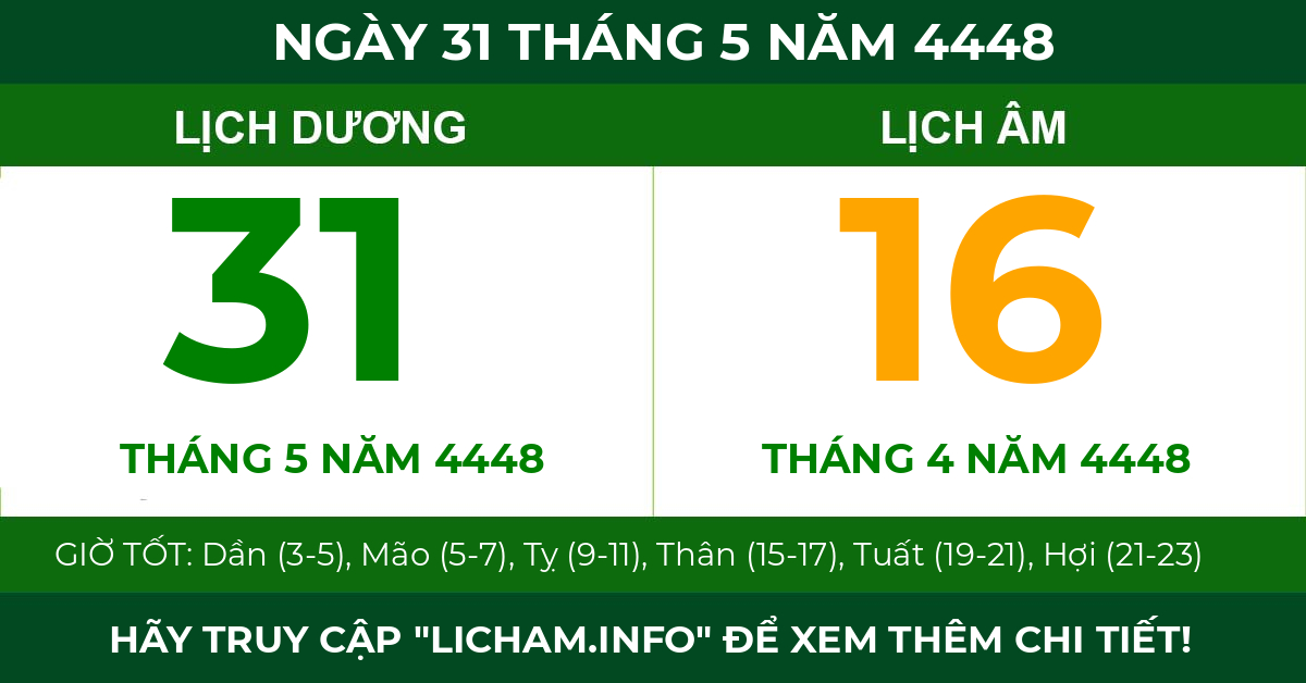 lịch âm ngày 31 tháng 5 năm 4448