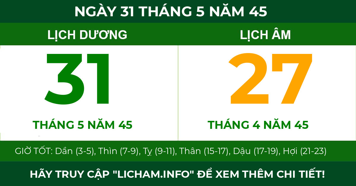 lịch âm ngày 31 tháng 5 năm 45