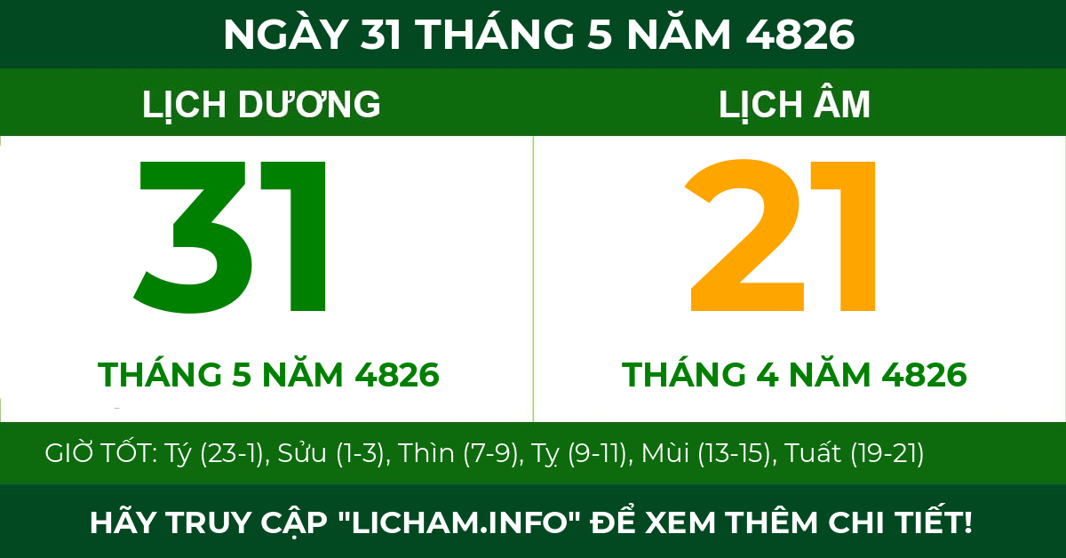 lịch âm ngày 31 tháng 5 năm 4826