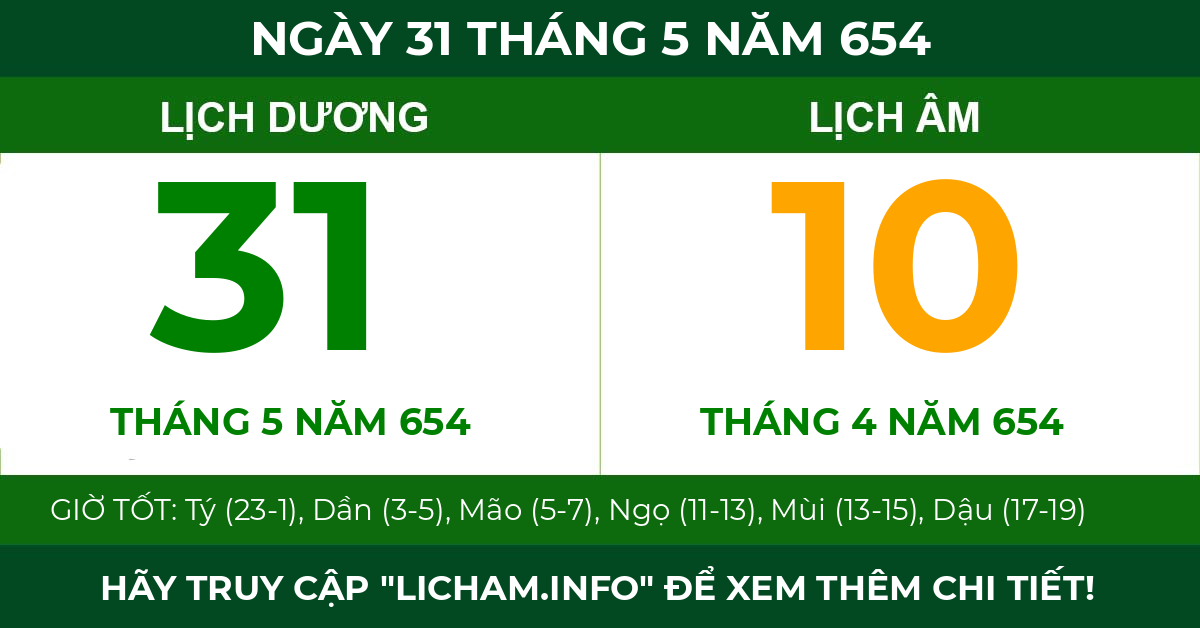 lịch âm ngày 31 tháng 5 năm 654