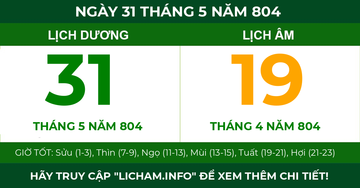 lịch âm ngày 31 tháng 5 năm 804