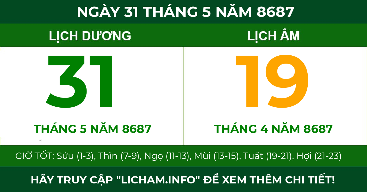 lịch âm ngày 31 tháng 5 năm 8687