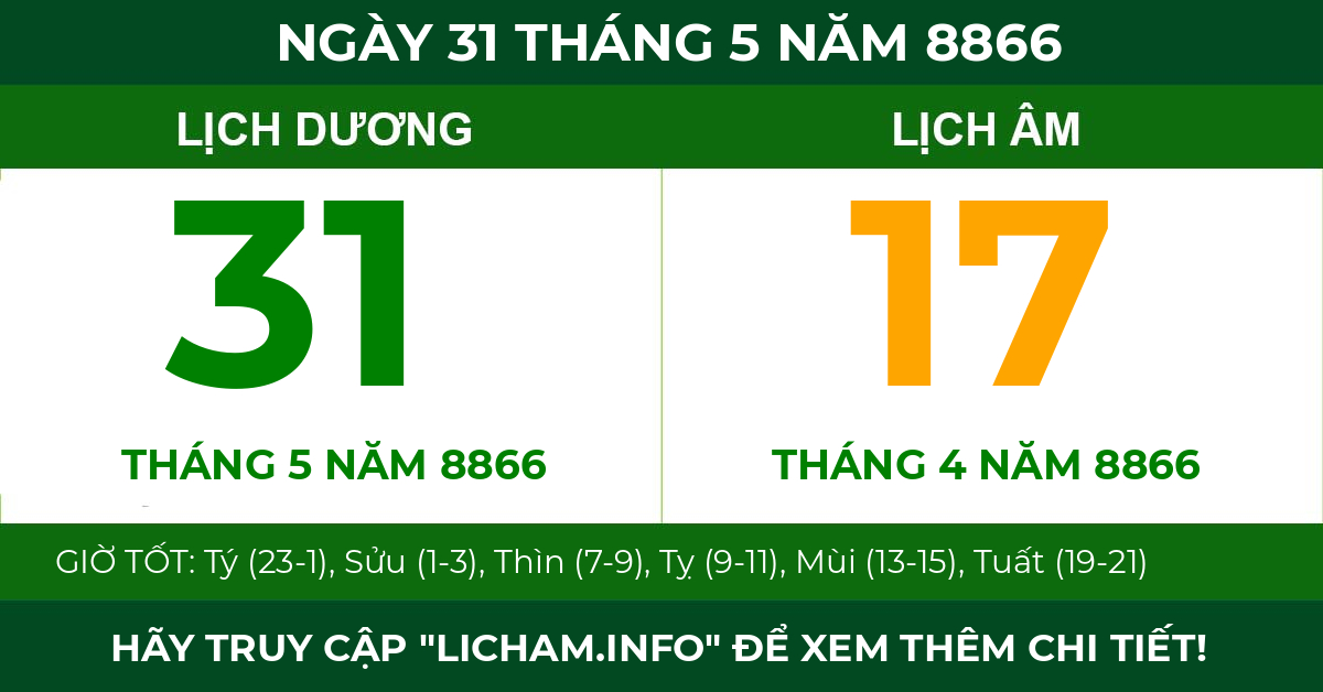 lịch âm ngày 31 tháng 5 năm 8866