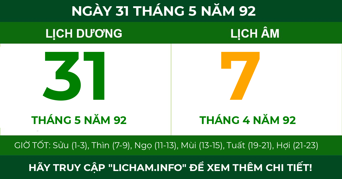 lịch âm ngày 31 tháng 5 năm 92