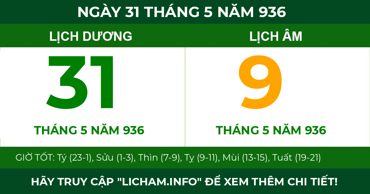 lịch âm ngày 31 tháng 5 năm 936
