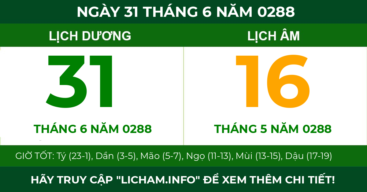 lịch âm ngày 31 tháng 6 năm 0288