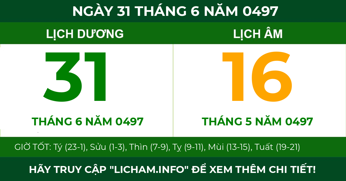 lịch âm ngày 31 tháng 6 năm 0497