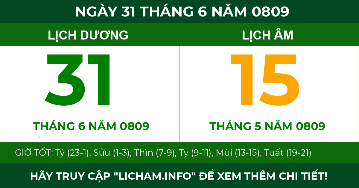 lịch âm ngày 31 tháng 6 năm 0809