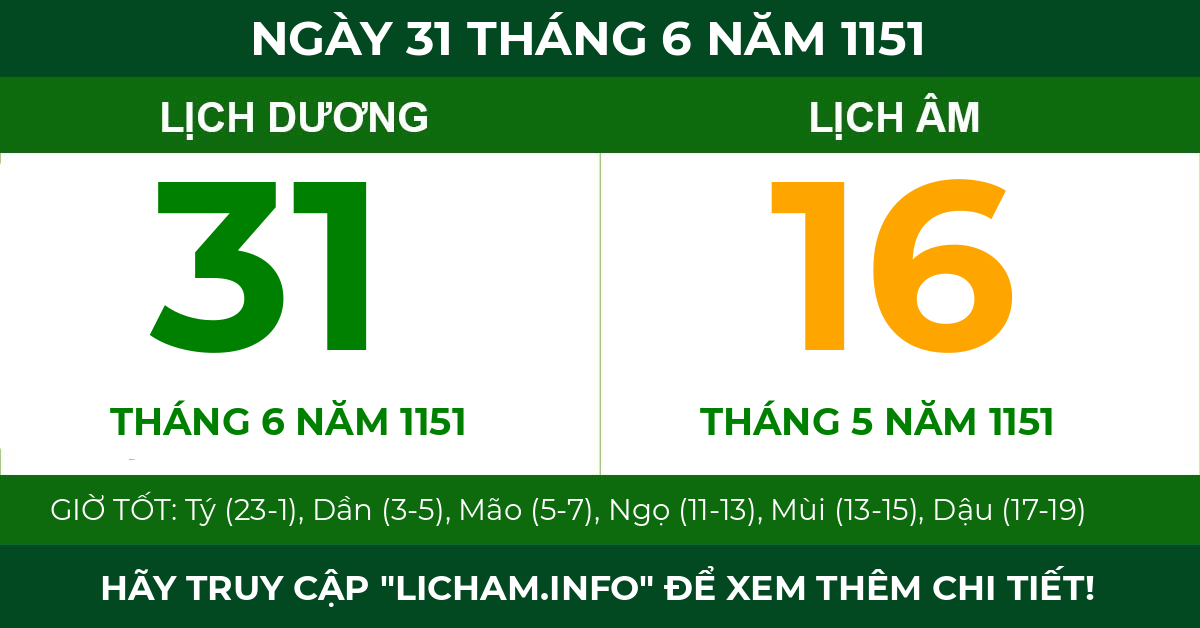 lịch âm ngày 31 tháng 6 năm 1151