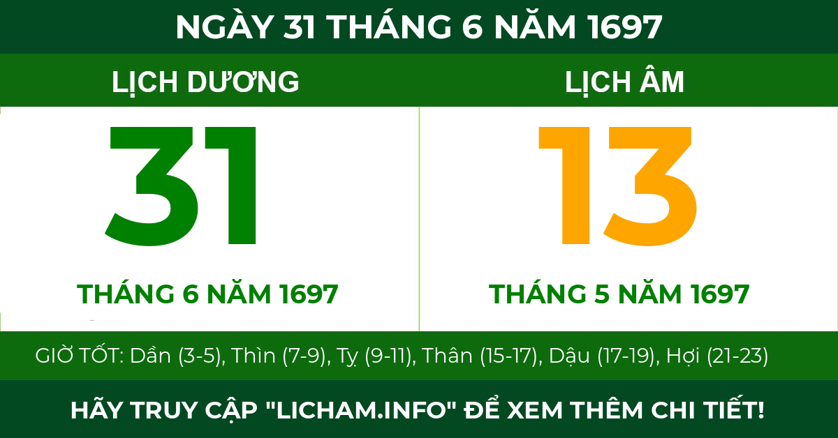 lịch âm ngày 31 tháng 6 năm 1697