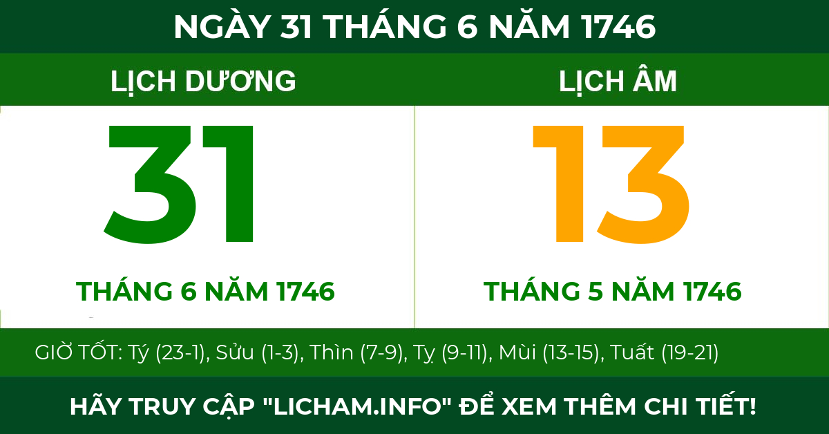 lịch âm ngày 31 tháng 6 năm 1746