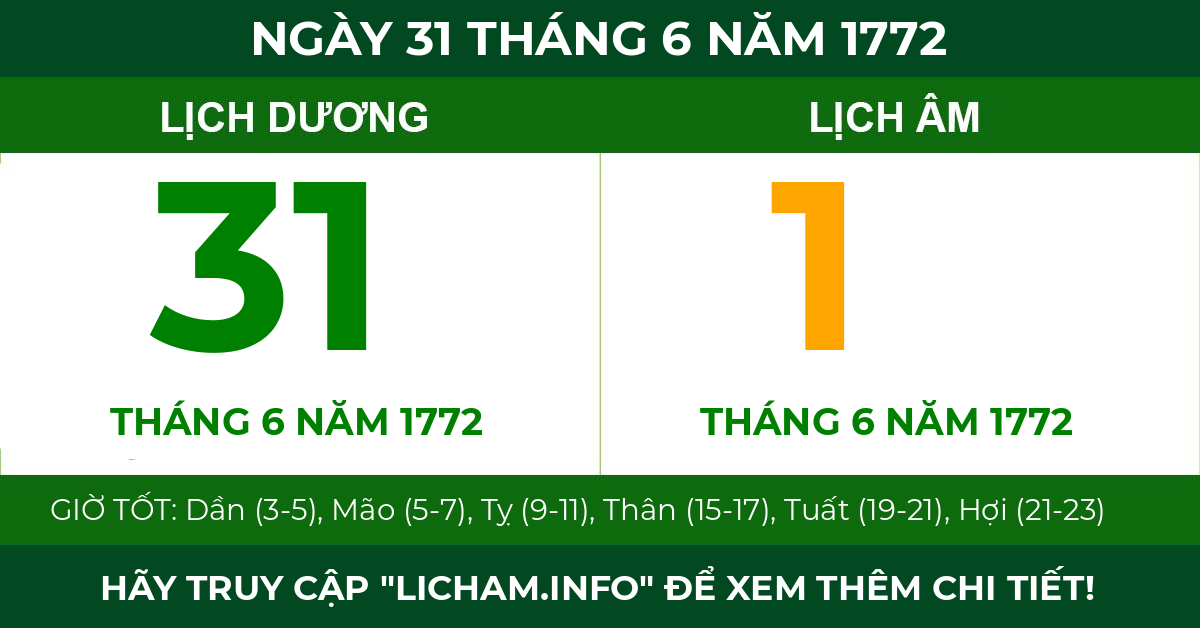lịch âm ngày 31 tháng 6 năm 1772