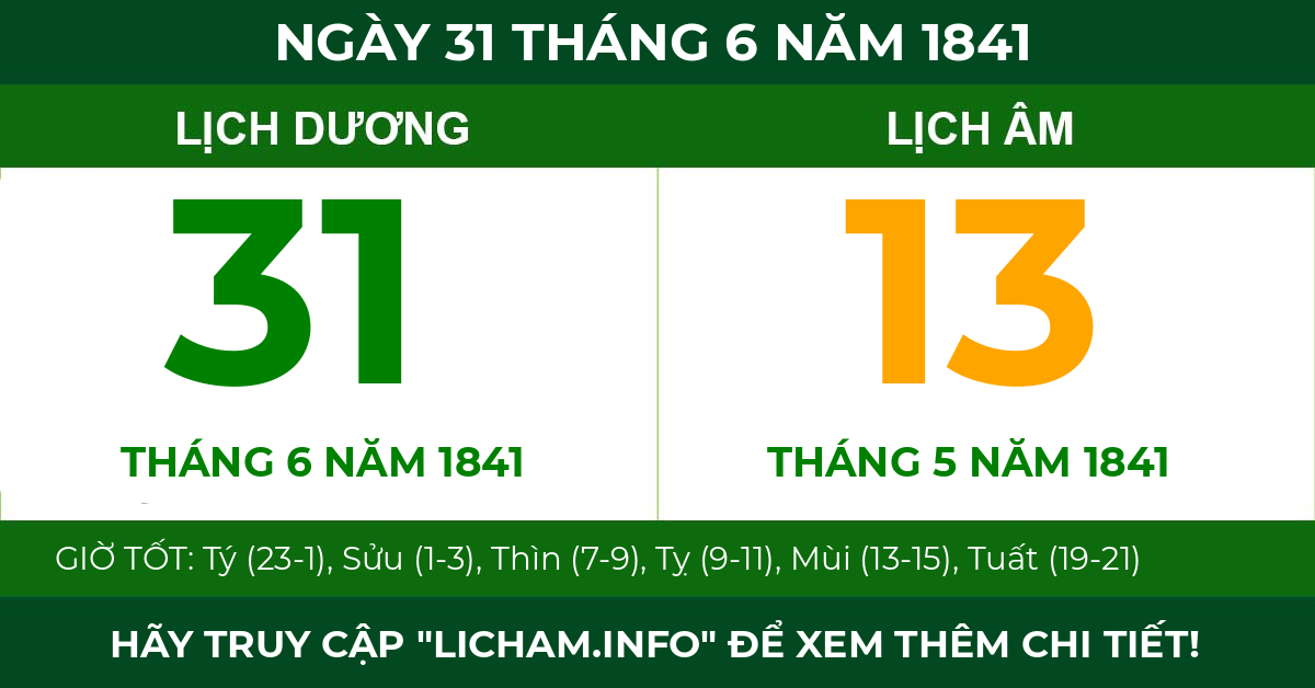 lịch âm ngày 31 tháng 6 năm 1841