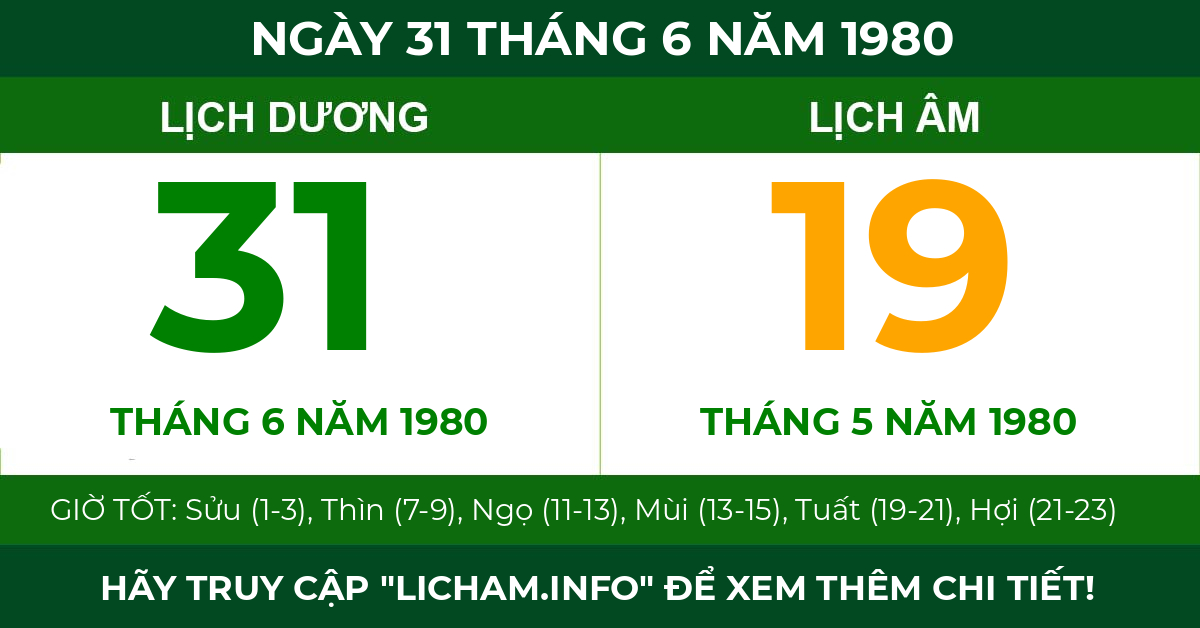 lịch âm ngày 31 tháng 6 năm 1980