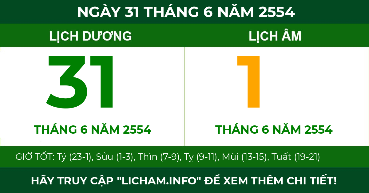 lịch âm ngày 31 tháng 6 năm 2554