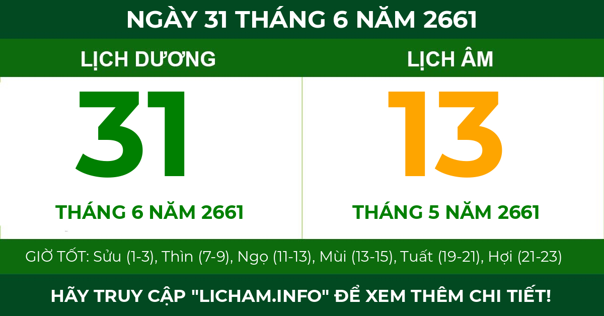 lịch âm ngày 31 tháng 6 năm 2661