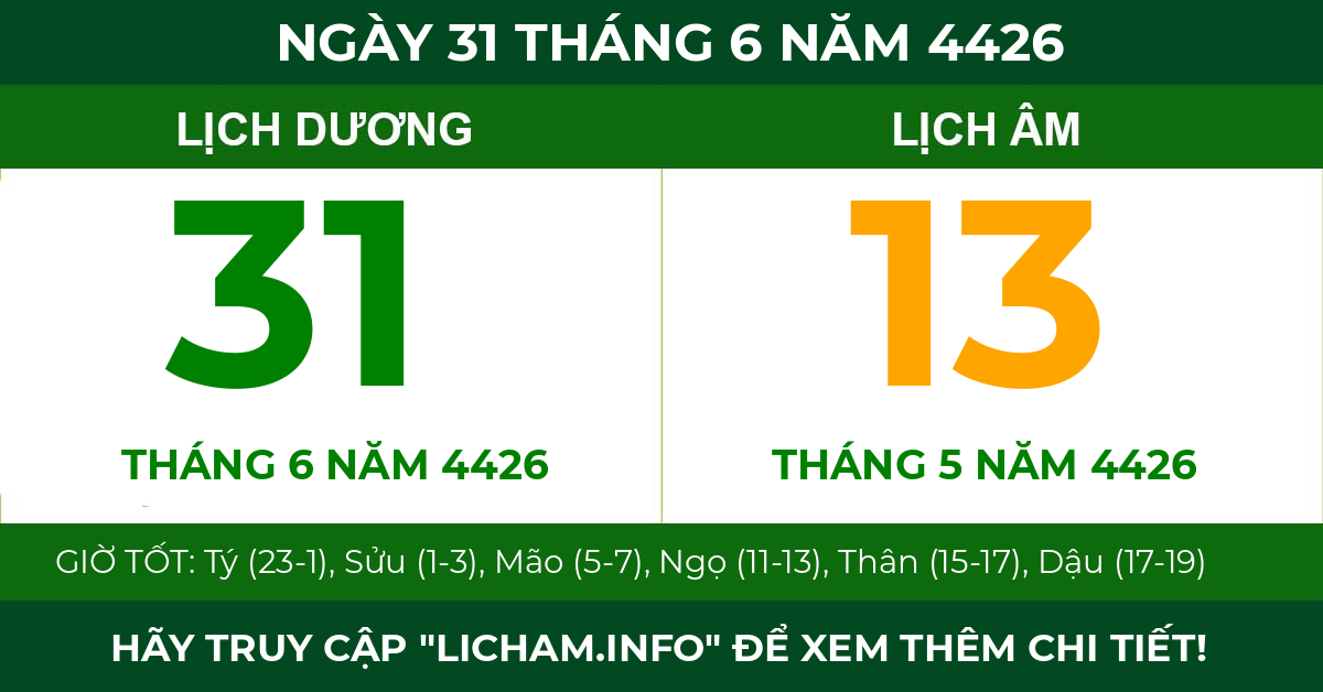 lịch âm ngày 31 tháng 6 năm 4426