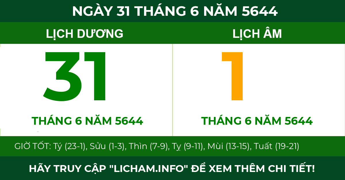 lịch âm ngày 31 tháng 6 năm 5644