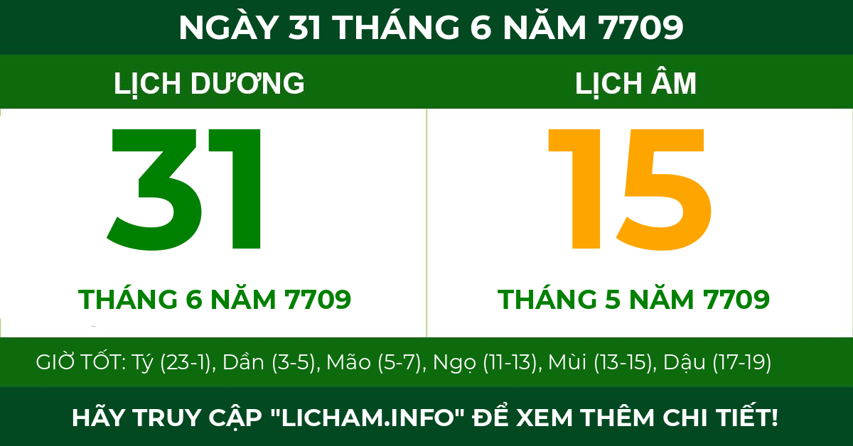 lịch âm ngày 31 tháng 6 năm 7709