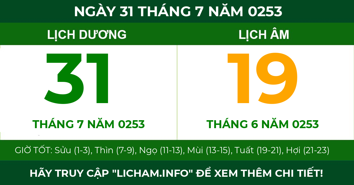 lịch âm ngày 31 tháng 7 năm 0253